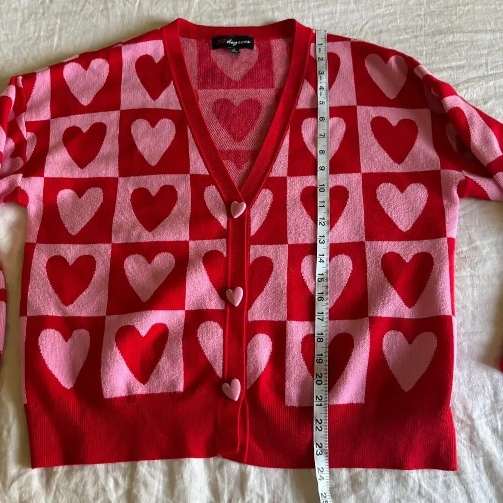 33 Degrees Pink and Red Checkered Heart Pattern Cardigan Sweater Size Large - Picture 6 of 7